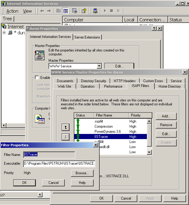 IIS ISAPI filters on w3svc service. IISTracer is loaded. You can add/remove filter manually.